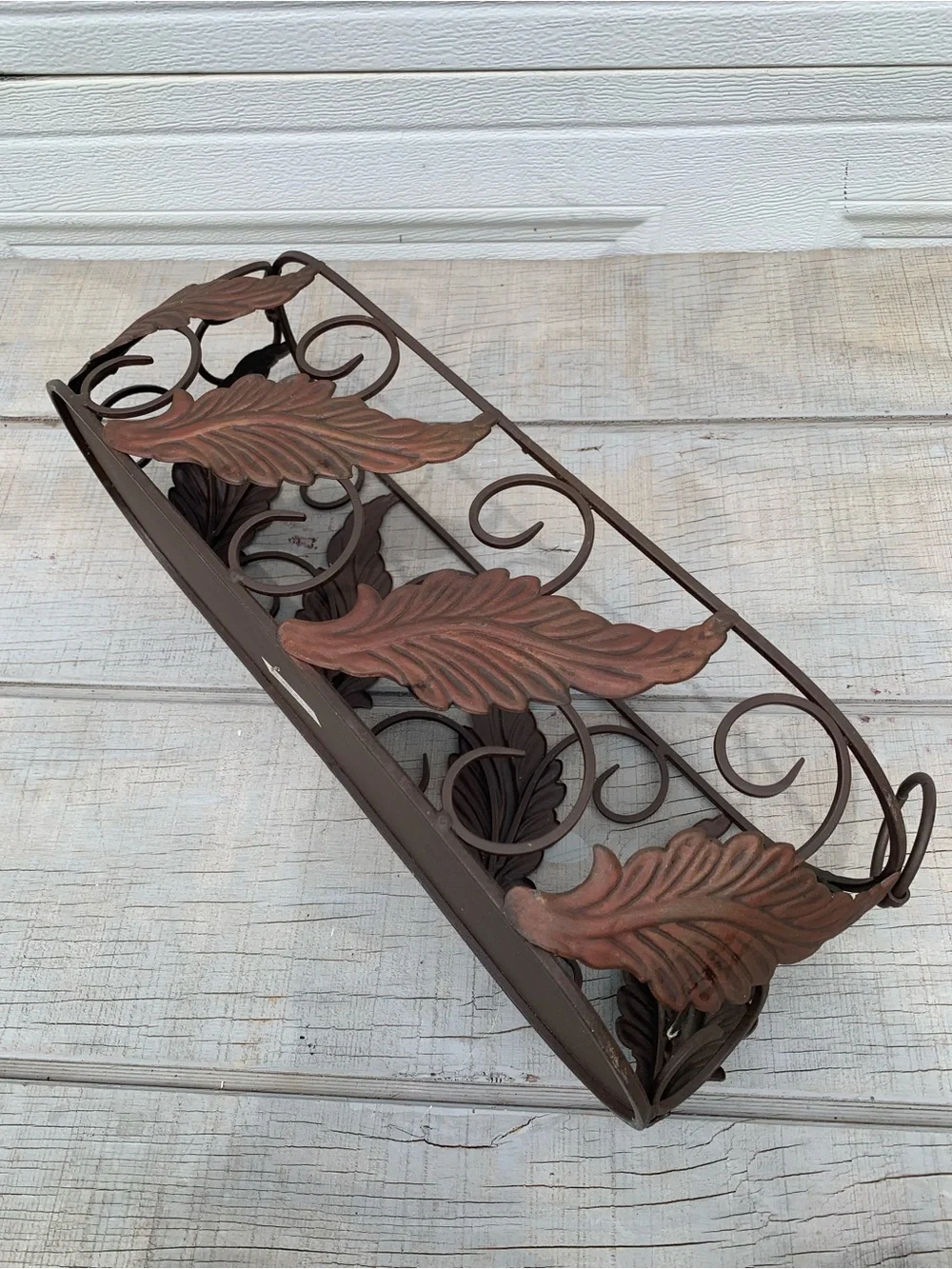 Vtg Wrought Iron Oval Planter Basket Metal Leaves Scrollwork Handle Caddy 19”